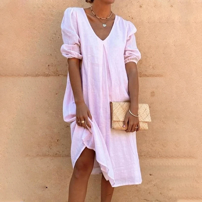 V-neck solid-colored midi dress - Image 3