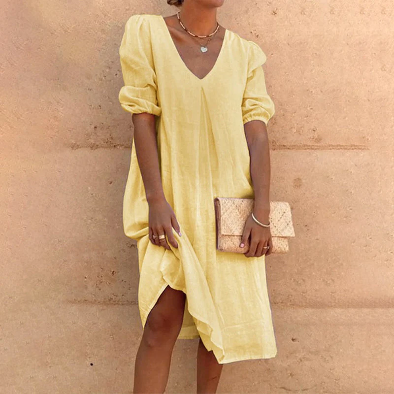 V-neck solid-colored midi dress - Image 5