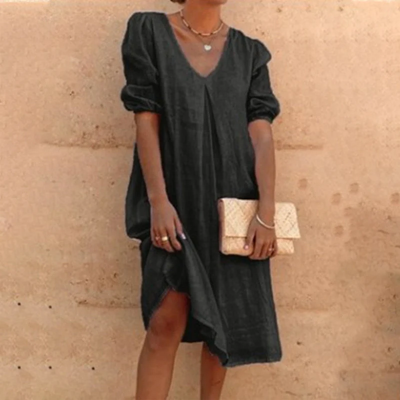 V-neck solid-colored midi dress - Image 8