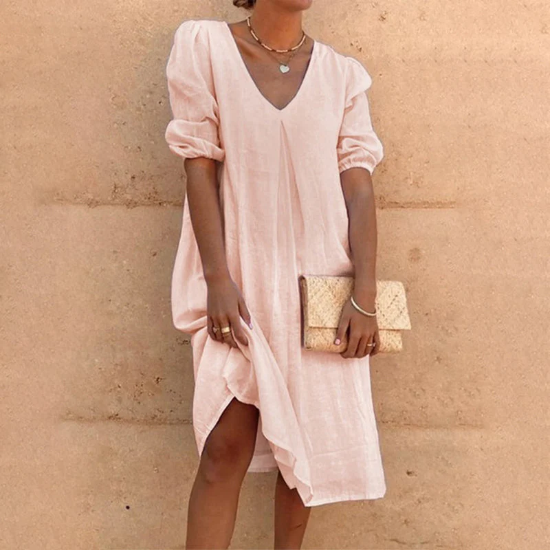 V-neck solid-colored midi dress - Image 9