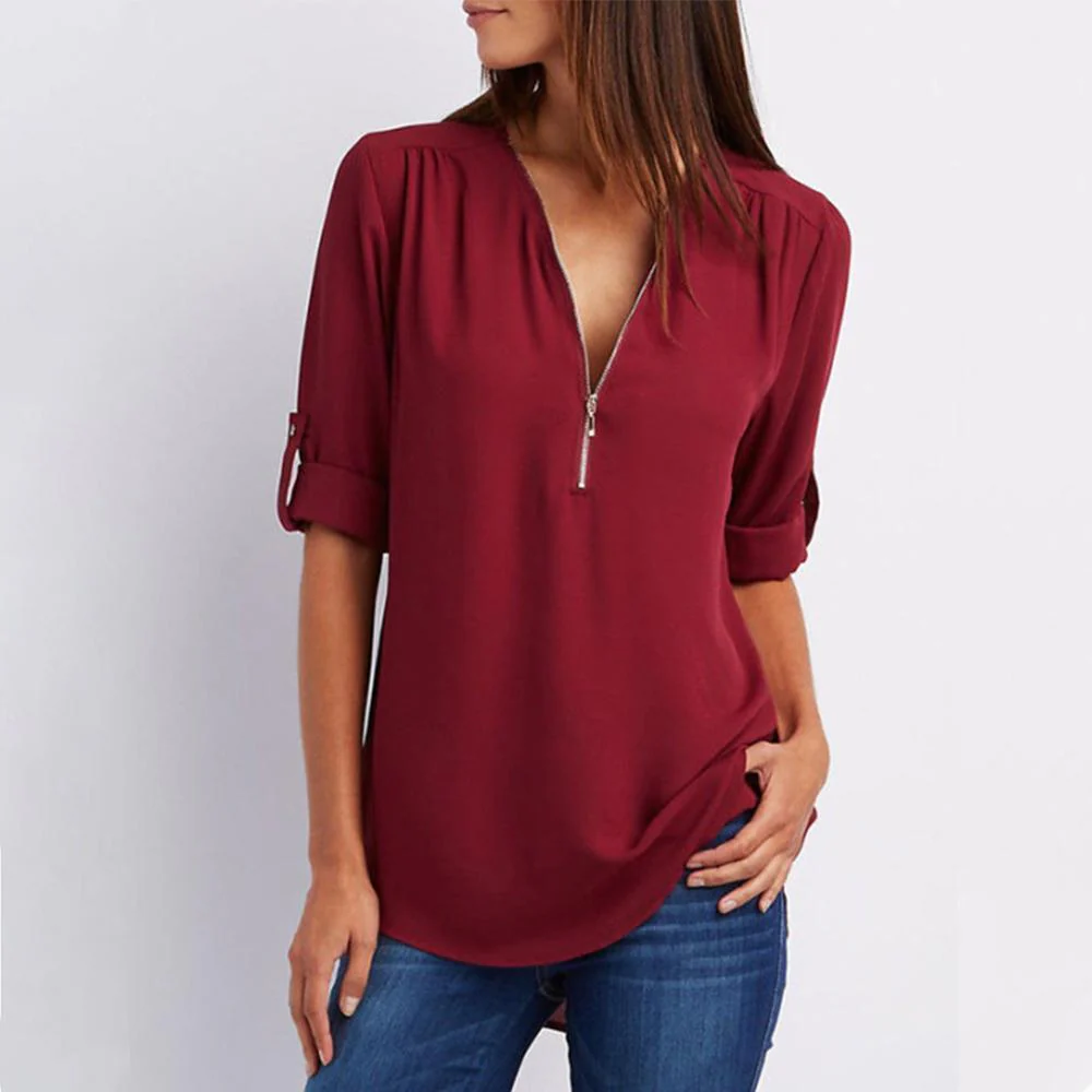 V Neck Zipper Patchwork Plain Blouses - Image 4