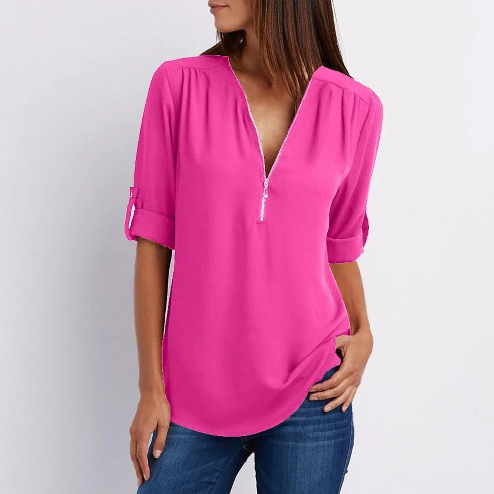 V Neck Zipper Patchwork Plain Blouses - Image 9