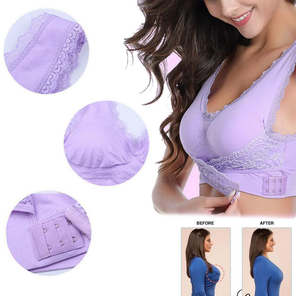 Wireless Front Cross Buckle Lace Lift Bra - Image 4