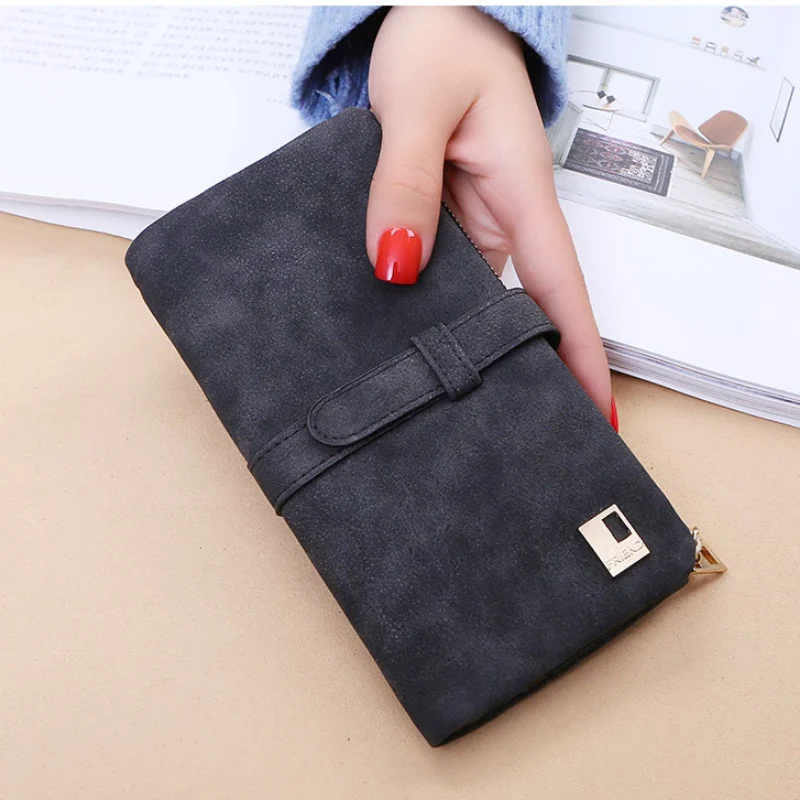 Women Drawstring Nubuck Leather Zipper Two Fold Wallet - Image 2