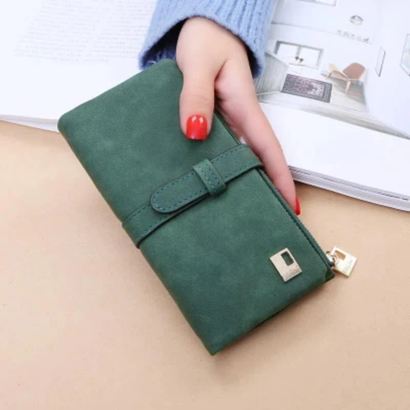 Women Drawstring Nubuck Leather Zipper Two Fold Wallet - Image 3