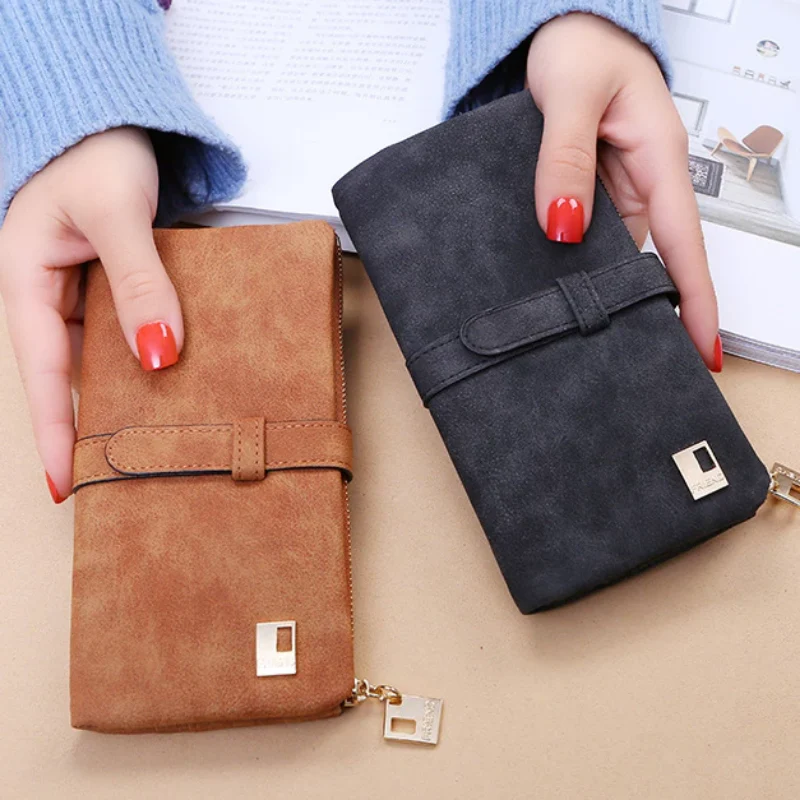 Women Drawstring Nubuck Leather Zipper Two Fold Wallet - Image 4