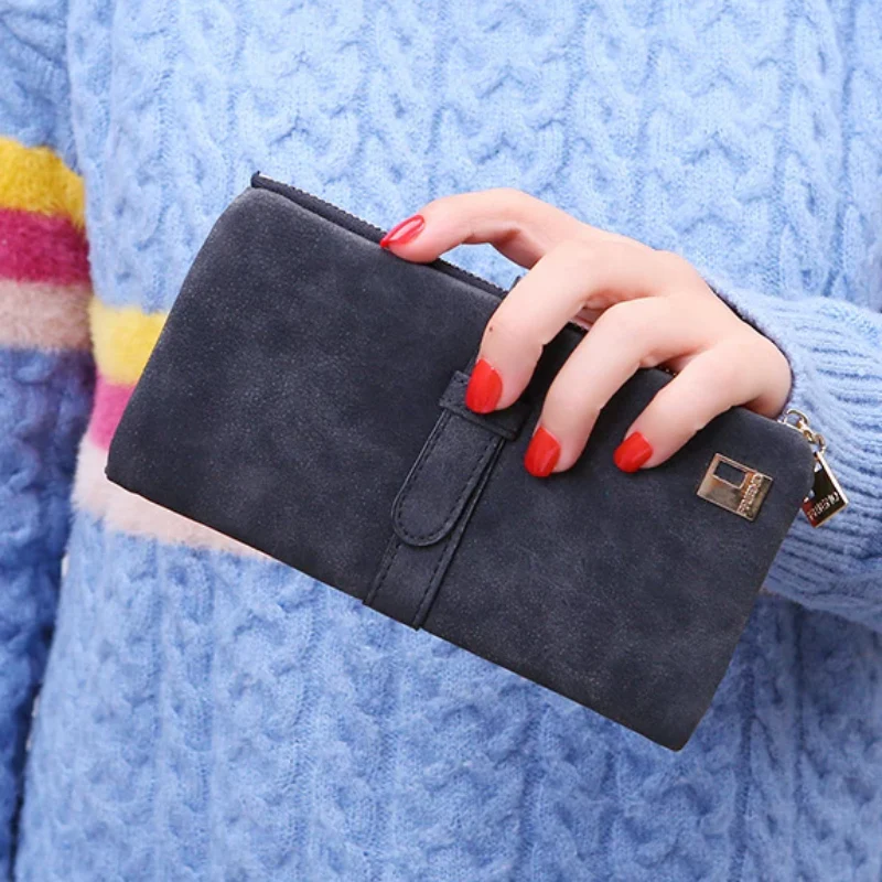 Women Drawstring Nubuck Leather Zipper Two Fold Wallet - Image 5