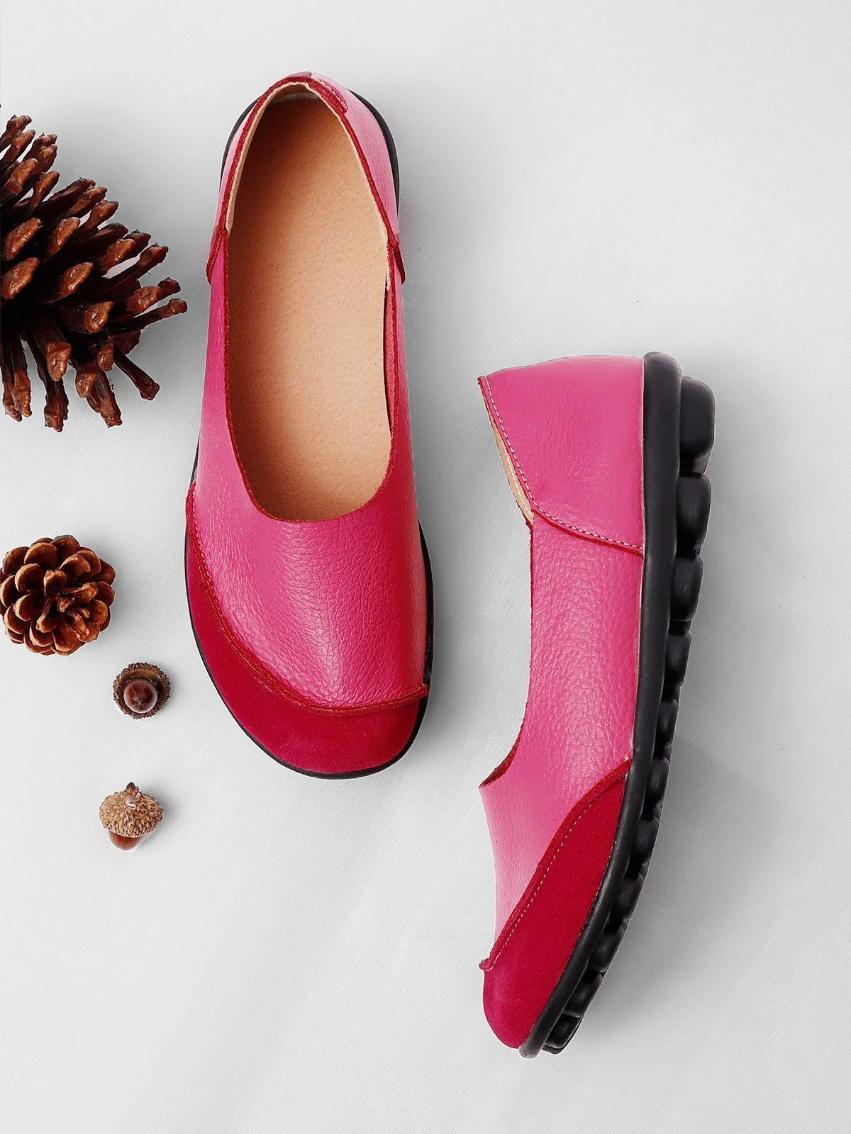Women Large Size Split Leather Panel Flats - Image 14
