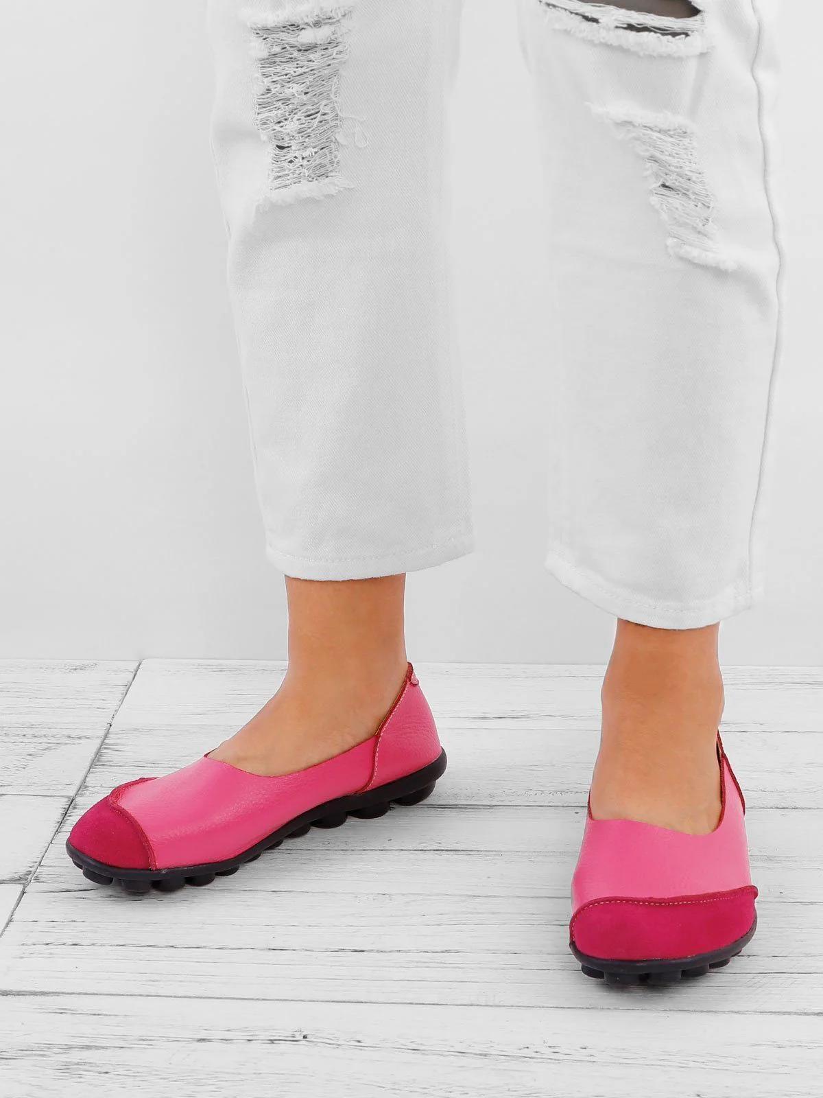 Women Large Size Split Leather Panel Flats - Image 6