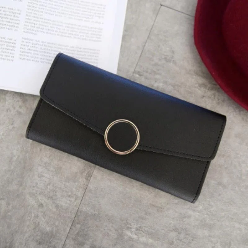 Women Long Pu Leather Zipper Metal Circle Decor Wallet - Image 3