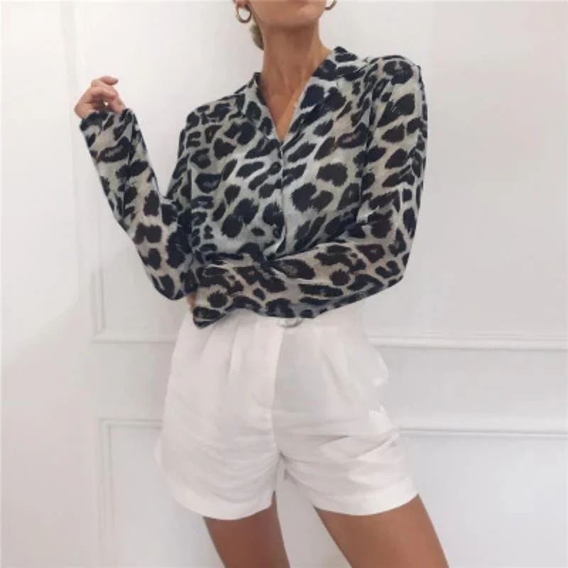 Women Long Sleeve Sexy Leopard Print Turn Down Collar Blouse - Image 6