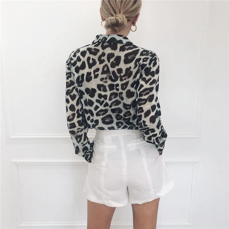 Women Long Sleeve Sexy Leopard Print Turn Down Collar Blouse - Image 8