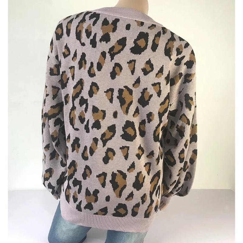 Women Long-sleeved Round Neck Solid Leopard Sweater - Image 5
