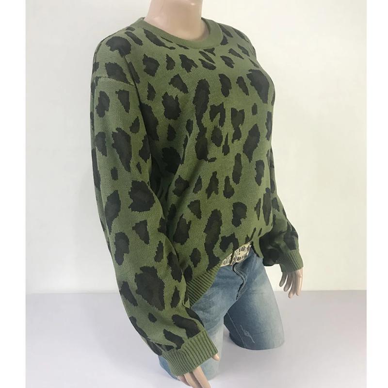 Women Long-sleeved Round Neck Solid Leopard Sweater - Image 8