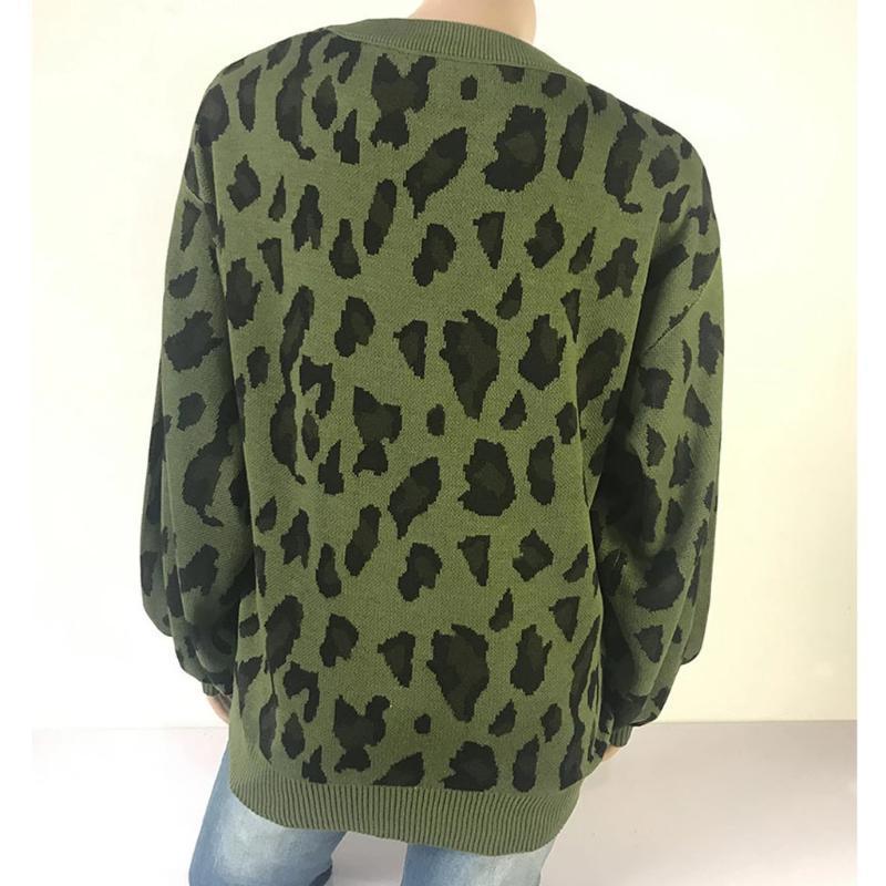 Women Long-sleeved Round Neck Solid Leopard Sweater - Image 9