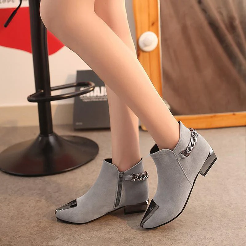 Women Med Square Heel Metal Decoration Ankle Boots - Image 6