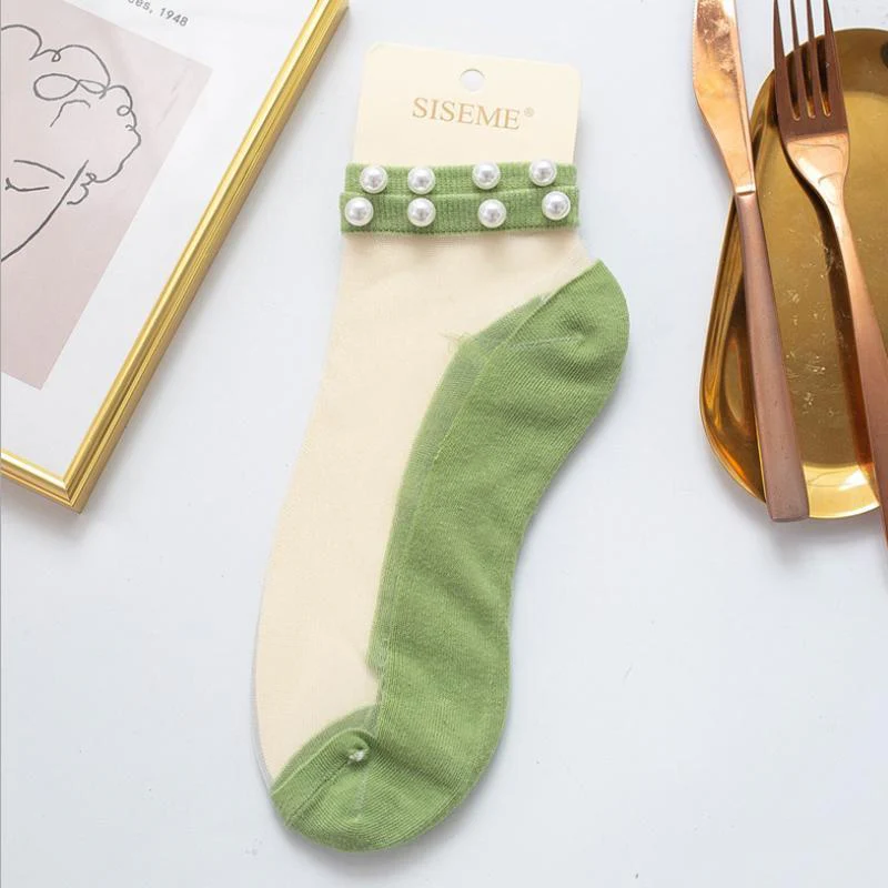 Women Pearl Fishnet Ankle High Socks - Image 14