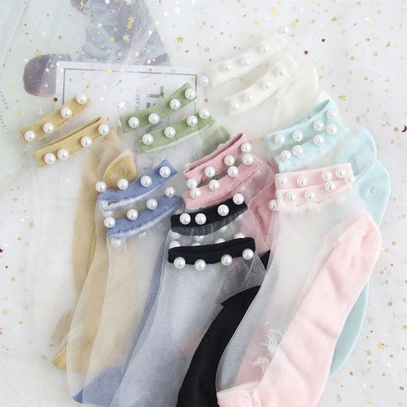 Women Pearl Fishnet Ankle High Socks - Image 8
