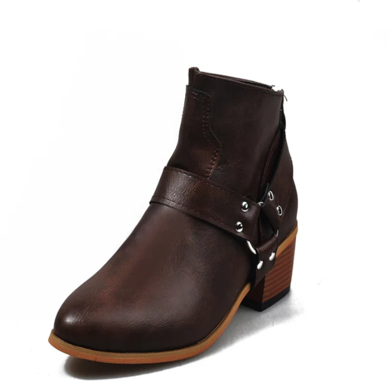 Women Round Toe Med Vintage Short Boots - Image 2