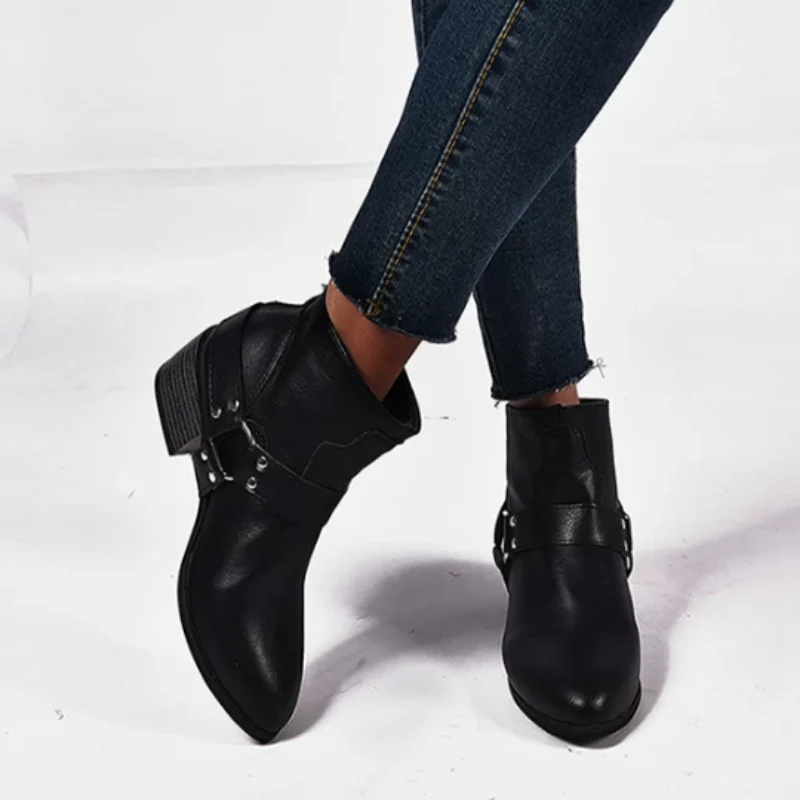 Women Round Toe Med Vintage Short Boots - Image 4