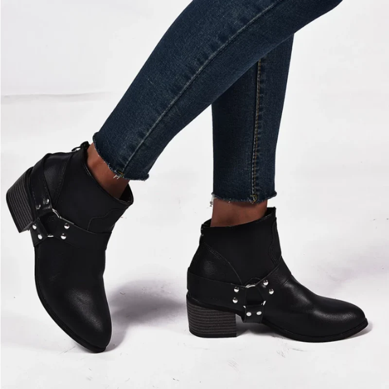 Women Round Toe Med Vintage Short Boots - Image 5