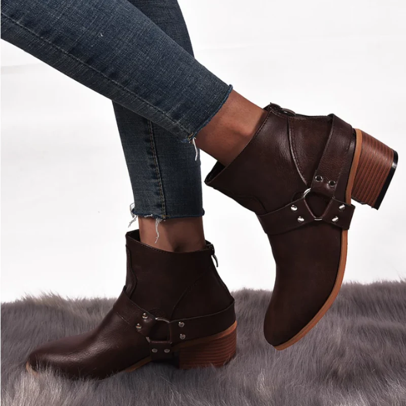 Women Round Toe Med Vintage Short Boots - Image 6