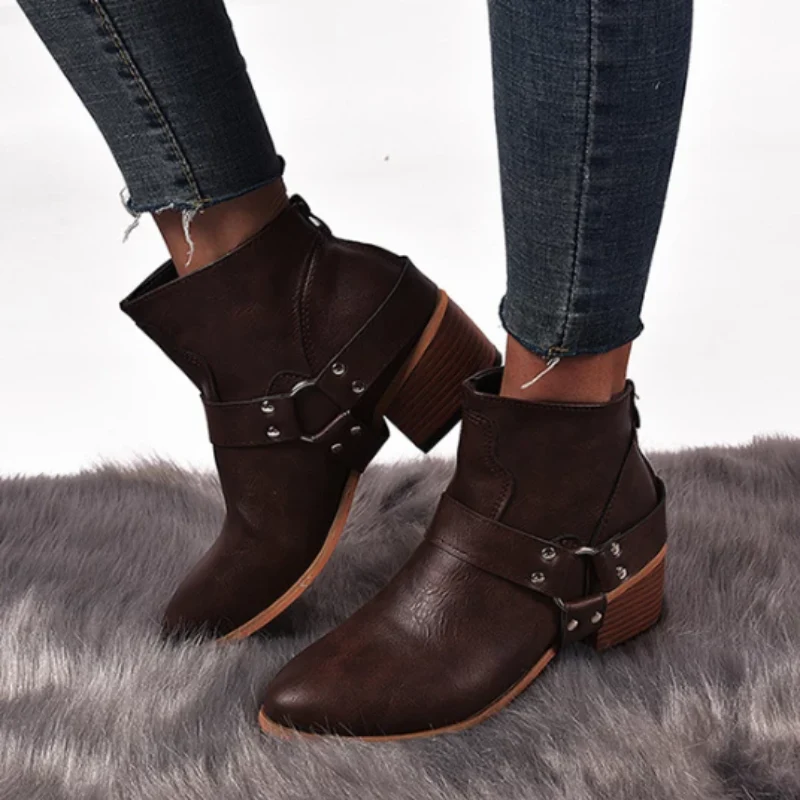 Women Round Toe Med Vintage Short Boots - Image 7