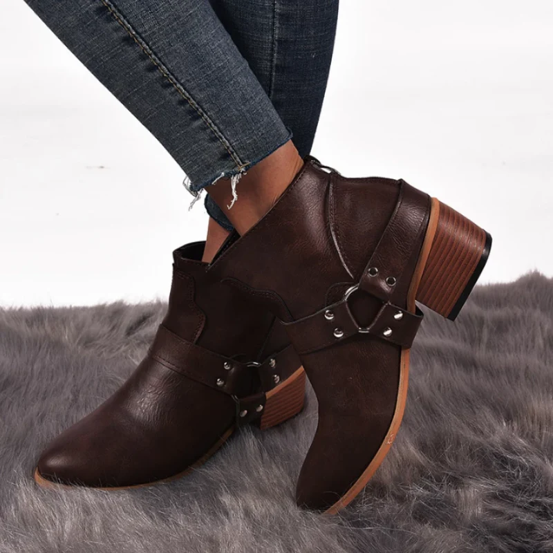 Women Round Toe Med Vintage Short Boots - Image 8