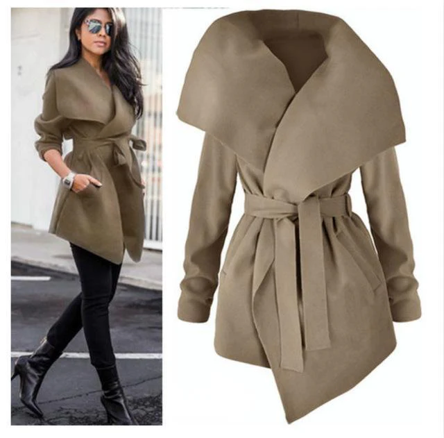 Women Sexy V Neck Belt Lace-up Solid Casual Overcoats - Image 5