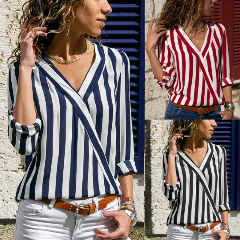 Women Shirt V-neck Striped Print Blouse - Image 3