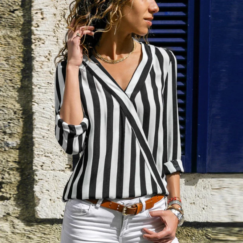 Women Shirt V-neck Striped Print Blouse - Image 7