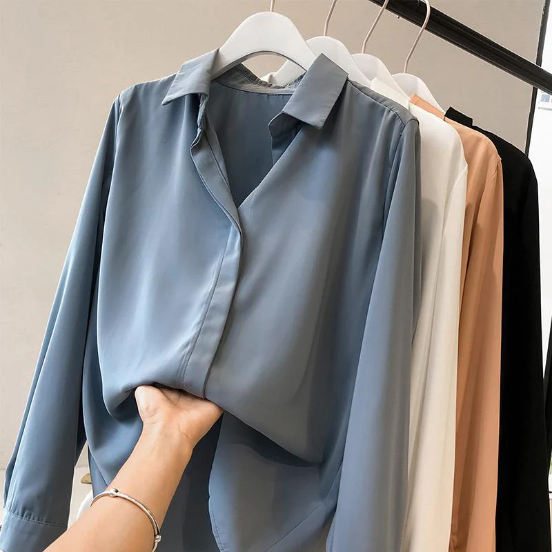 Women Solid Color Chiffon Shirts - Image 5