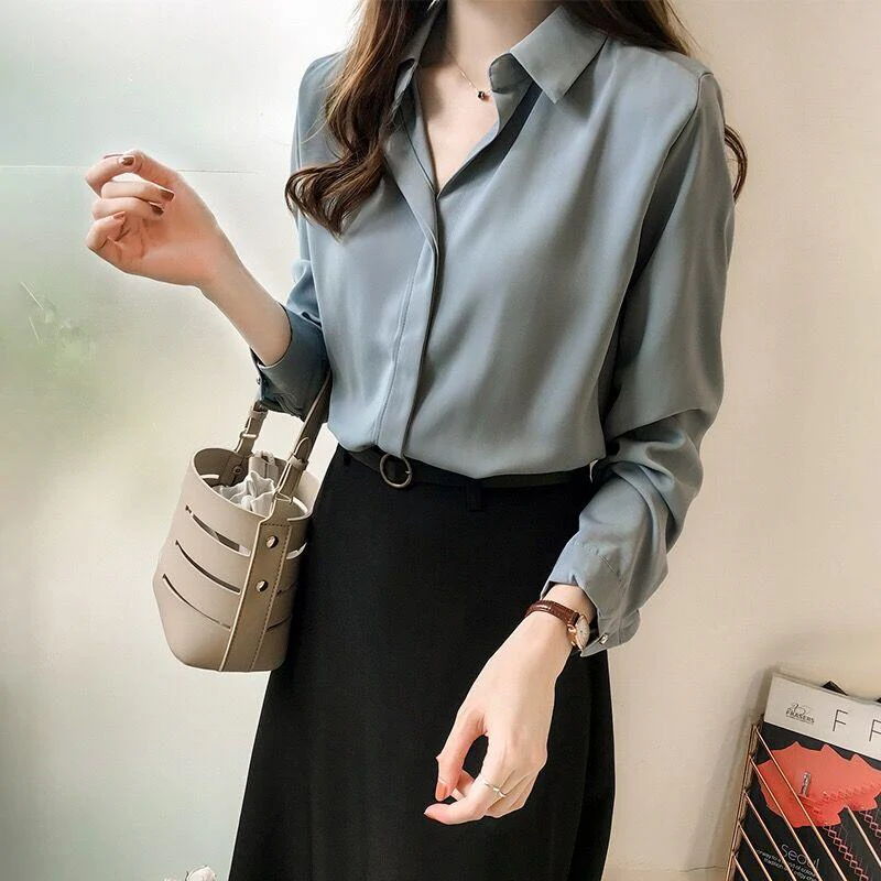 Women Solid Color Chiffon Shirts - Image 7