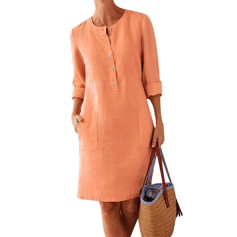Women Solid Color Cotton and Linen Dress - Image 10
