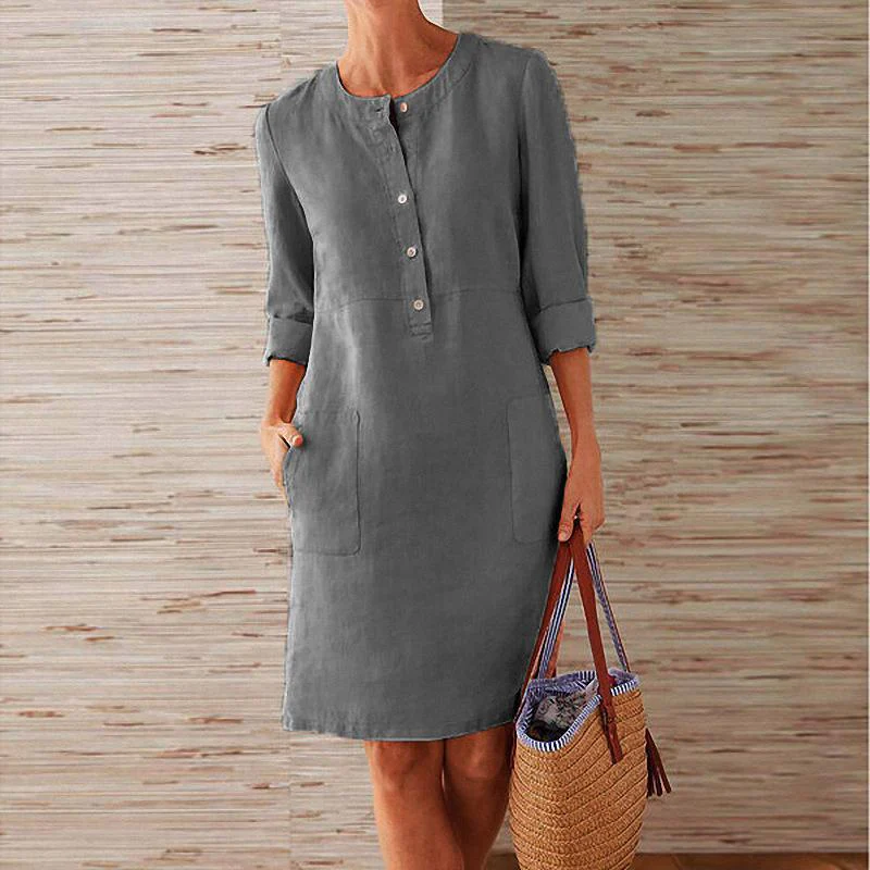 Women Solid Color Cotton and Linen Dress - Image 2
