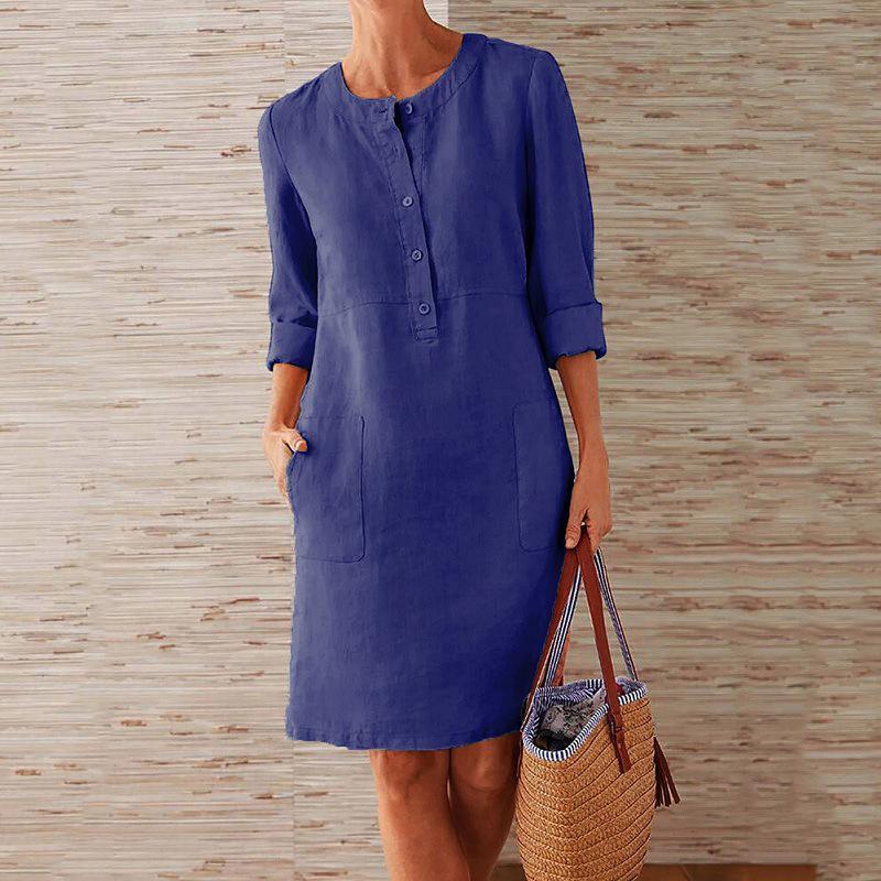 Women Solid Color Cotton and Linen Dress - Image 3