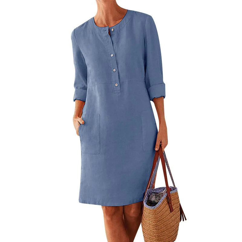 Women Solid Color Cotton and Linen Dress - Image 4