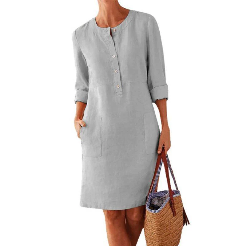 Women Solid Color Cotton and Linen Dress - Image 5
