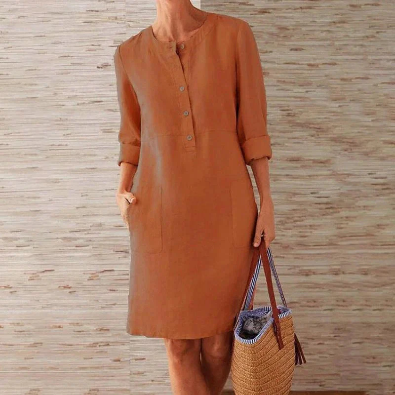Women Solid Color Cotton and Linen Dress - Image 6