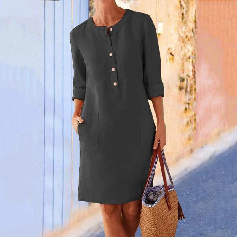 Women Solid Color Cotton and Linen Dress - Image 7