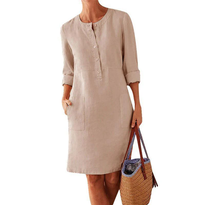 Women Solid Color Cotton and Linen Dress - Image 8