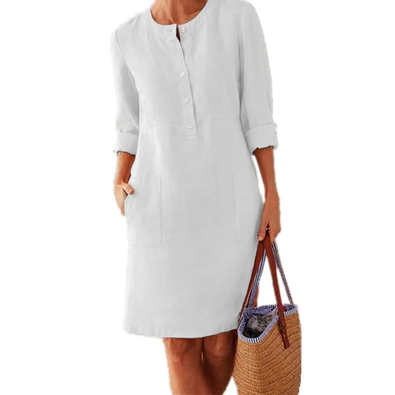 Women Solid Color Cotton and Linen Dress - Image 9