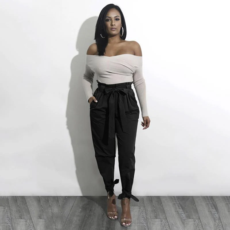 Women Solid Loose Pants Casual High Waist Belt Pocket Bow Tie Ruffles Trousers - Image 2