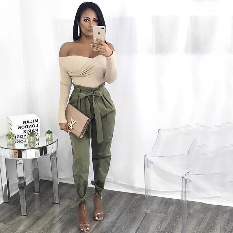 Women Solid Loose Pants Casual High Waist Belt Pocket Bow Tie Ruffles Trousers - Image 3