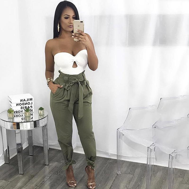 Women Solid Loose Pants Casual High Waist Belt Pocket Bow Tie Ruffles Trousers - Image 4