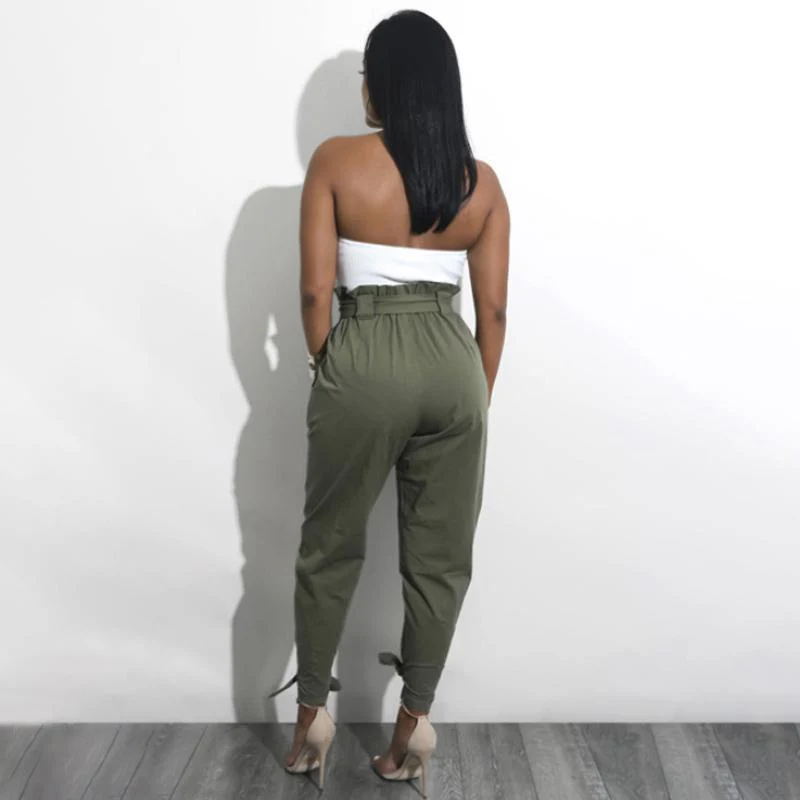 Women Solid Loose Pants Casual High Waist Belt Pocket Bow Tie Ruffles Trousers - Image 5