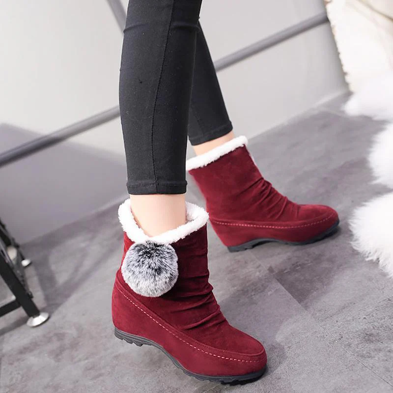 Women Suede Hairball Round Toe Wedges Shoes - Image 4