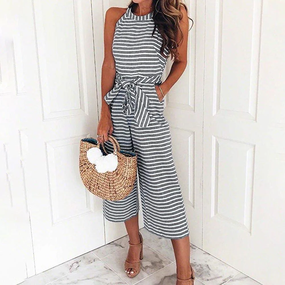 Women Summer Striped Sleeveless Back Zipper Jumpsuits - Image 7