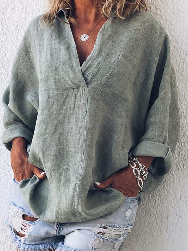 Women V Neck Thin Summer Linen Plus Size Casual Loose Tops - Image 2