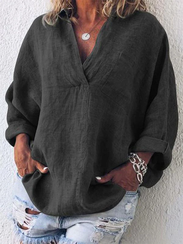Women V Neck Thin Summer Linen Plus Size Casual Loose Tops - Image 3